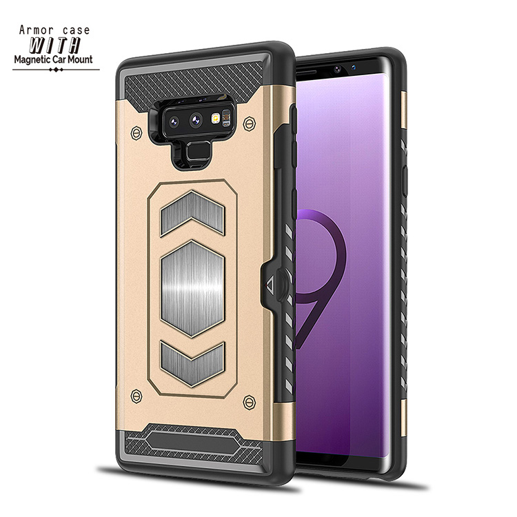 Galaxy Note 9 Metallic Plate Case Work with Magnetic Holder and Card Slot (Gold)